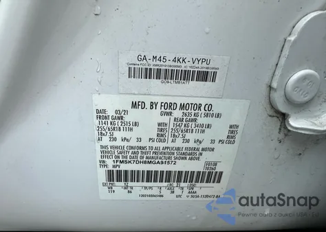 2021 Ford Explorer Xlt z USA, uszkodzony, nr VIN 1FMSK7DH8MGA91572